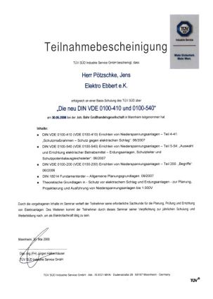 Teilnahmebescheinigung für die neue DIN VDE 0100-410 und 011-540