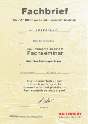 Zertifikat Fachseminar für Satelliten-Empfangsanlagen